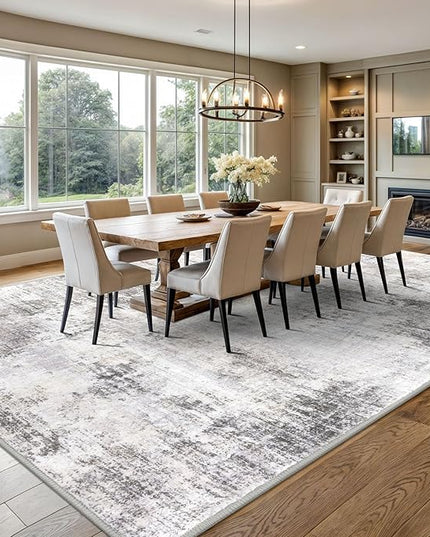 IOHOUZE Abstract Area Rugs 9x12 Ft Washable Large Rugs for Living Room, Non Slip Dining Room Rug, Printed Faux Wool Rugs for Bedroom, Floor Carpet for Office Nursery Playroom, Grey Beige