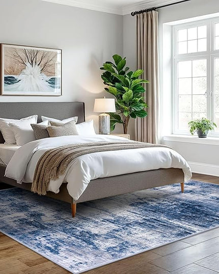 IOHOUZE Abstract Area Rugs 5x7 Ft Washable Rugs for Living Room, Non Slip Dining Room Rug, Printed Faux Wool Rugs for Bedroom, Floor Carpet for Kitchen Nursery Playroom, Navy/Grey