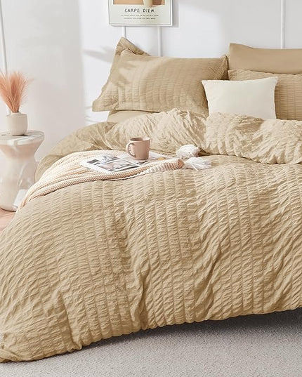 HYMOKEGE Khaki Twin XL Comforter Set Seersucker 5 Pieces, All Season Luxury Bed in a Bag for Bedroom, Bedding Set with Comforter, Sheets, Pillowcase & Sham