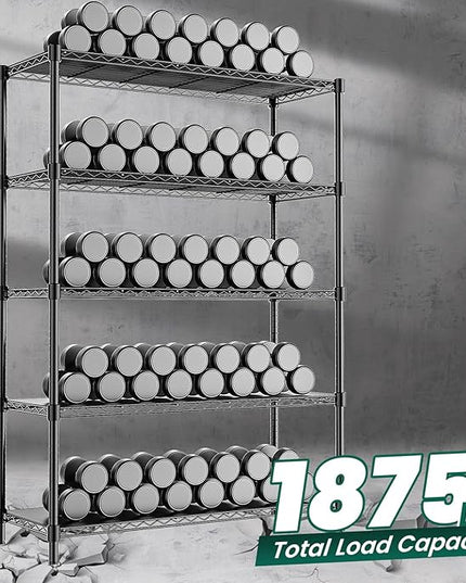 48" W Storage Shelves 5-Tier Wire Shelving, 1875LBS Adjustable Metal Shelving with 5 Shelf Liners, Heavy Duty Steel Wire Rack for Garage Commercial Pantry Kitchen, 48" W x 18" D x 72" H, Black