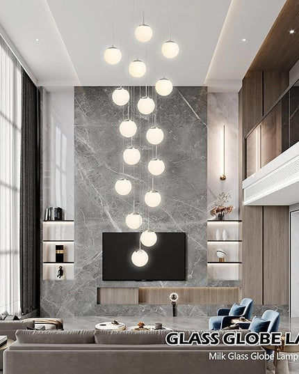 KoKo&Yukina 16-Light Nickel Mid Century Modern Chandelier for Living Room Staircase Chandelier for Entryway Globe Milky White Glass Pendant Light High Ceiling Chandeliers Foyer (Bulb & Remote Incl.)