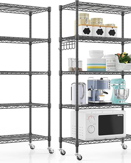 Himimi 5-Tier Storage Shelf Wire Shelving Unit on Wheels Heavy Duty Metal Shelves Adjustable Steel Rack Organization for Kitchen Garage Basement, Black