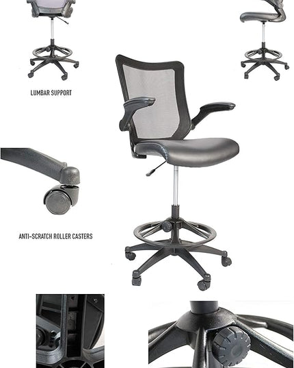 OfficeFactor Drafting Chair Tall Office Chair, 300 lb Capacity Standing Desk Chair, Adjustable & Ergonomic Desk Chair, Flip-Up Armrests, Mesh Back, Comfortable Leather (Black)
