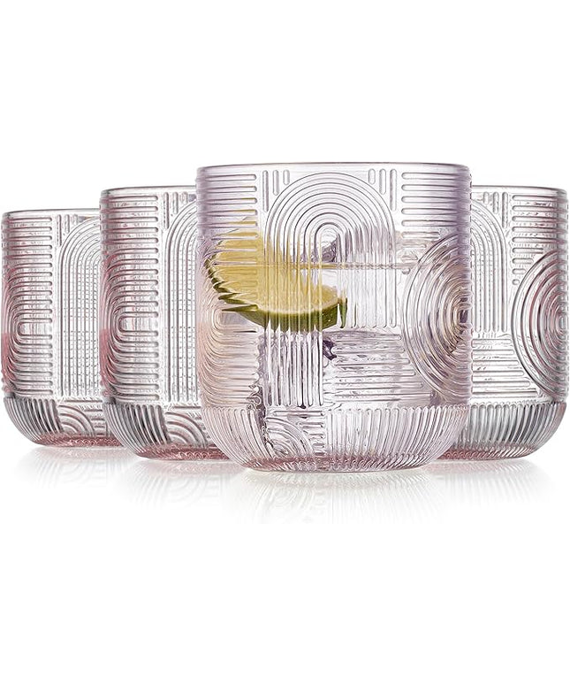 Glaver's Whiskey Glasses Set of 4 Double Old Fashioned 13 oz. Rock Glases, Pink Embossed Art Deco New Designed, Modern Vintage Drinking Glassware For Home Bar Whisky Bourbon Scotch