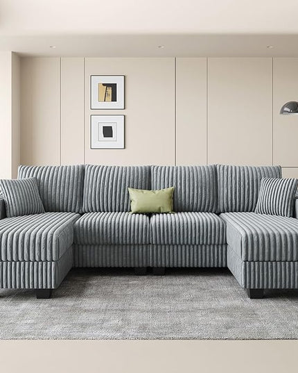 Belffin U Shaped Couch with Reversible Chaises Sectional Couches for Living Room Sectional Couch with Ottomans Corduroy (Light Grey, U Shaped)