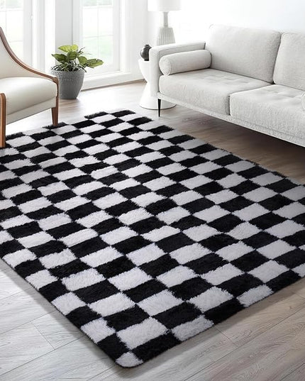 Ophanie Checkered Black & White Rug for Living Room Bedroom, Fluffy Soft Cute Fuzzy Area Rugs, Shag Plush Shaggy Bedside Floor 6x9 Furry Carpet for Kids Baby Teen Dorm Nursery Home Decor Aesthetic