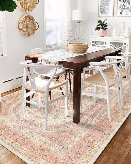 5x7 Area Rugs Washable,Pink Rug for Living Room Bedroom Kitchen,Large Boho Vintage Bohemian Distressed Farmhouse Carpet Non Slip,Blush Floral