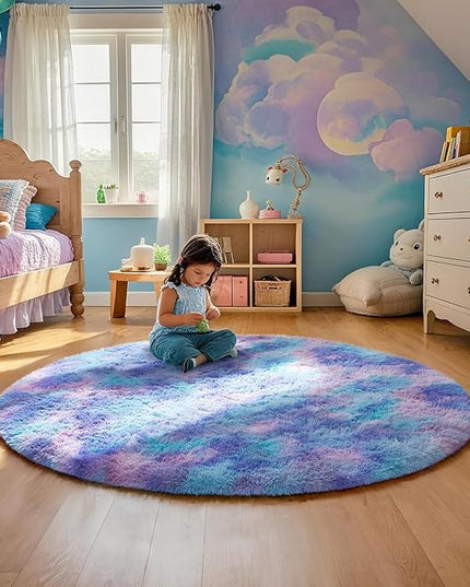 Ophanie Round Rug 4Ft Tie-Dye Rainbow Purple Circle Area Rug, Fluffy Fuzzy Bedroom Carpet, Plush Soft Shaggy Indoor Floor Colorful Living Room Rugs for Kids Home Decor Aesthetic, Nursery