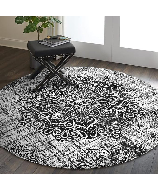 Lahome Vintage Medallion Round Rugs - 4Ft Washable Non-Slip Small Round Area Rug Throw Soft Sofa Round Carpet Black Print Distressed Round Rug for Entryway Kitchen Office Bedroom Dining Room
