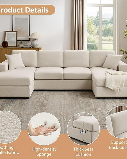 VANOMi 118'' U Shaped Sectional Sofa, 4 Seat Modern Sectional Couch, Double Chaise Longue, Cozy Chenille Sofa Couches for Living Room Apartment, Beige