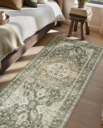 PADOOR-Vintage Runner Rug 2X10 Runners for Hallways-Soft Olive Green Washable Bedside Rugs for Bedroom-Non Slip Long Rug for Hallways Entryway Laundry Room Stair Kitchen Bathroom