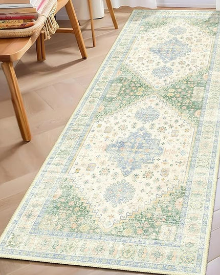 MUJOO Washable Runner Rug,2x6 Runners for Kitchen Bathroom Hallway Bedroom Entryway Laundry,Non Slip Long Mat Indoor,Boho Throw Carpet Low Pile Light Green and Blue