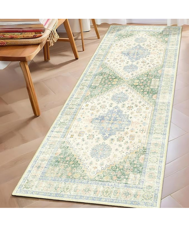 MUJOO Washable Runner Rug,2x6 Runners for Kitchen Bathroom Hallway Bedroom Entryway Laundry,Non Slip Long Mat Indoor,Boho Throw Carpet Low Pile Light Green and Blue