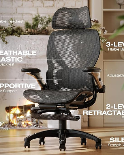 ELABEST X100 Ergonomic Office Chair with Footrest, Big and Tall Home Desk Chair with 5D Flip-Up Arms, Adjustable 3D Lumbar Support,High Back Rolling Computer Chair, Swivel Mesh Chairs (Midnight Mist)
