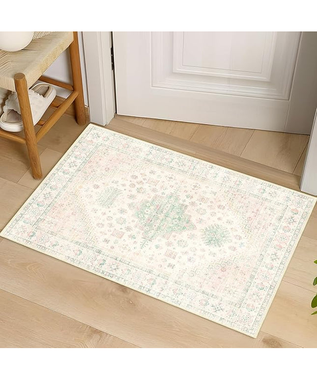 MUJOO Small Rug,2x3 Washable Area Rugs for Bathroom Entryway Entry Entrance Bedroom,Indoor Front Door Mat Non Slip Throw Carpet Boho Low Pile Light Pink and Green