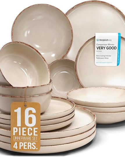 Earthenware dinnerware set 4 persons Rustic 16 pcs - Rustic design dinnerware set, dishwasher safe - Bowl and plate set - Pure Living dinnerware in beige…