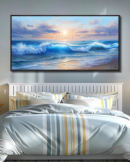 XIGUANGART Canvas Wall Art For Living Room Blue Sea Wave and Large Coastal Beach Paintings Sunrise Seascape Pictures Artwork Ocean Home Decorations Wall Decor for Bedroom Bathroom Hallway Office