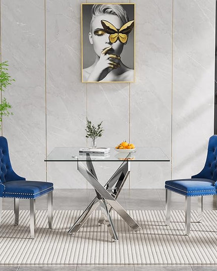 Glass Dining Table Set for 2, Square 36" Dining Table with Silver Cross Metal Leg, 2 Blue Velvet Dining Chairs with Stainless Steel Legs, Modern Glass Kitchen Table and Chairs Set for Small Space