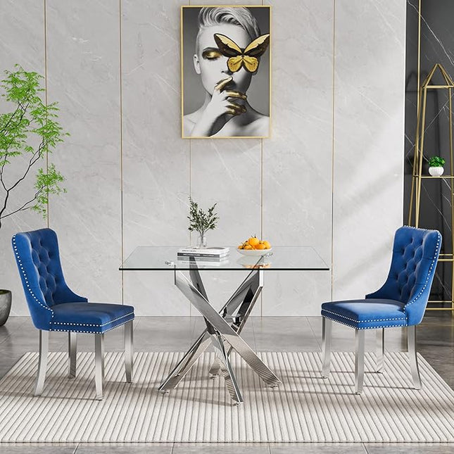 Glass Dining Table Set for 2, Square 36" Dining Table with Silver Cross Metal Leg, 2 Blue Velvet Dining Chairs with Stainless Steel Legs, Modern Glass Kitchen Table and Chairs Set for Small Space