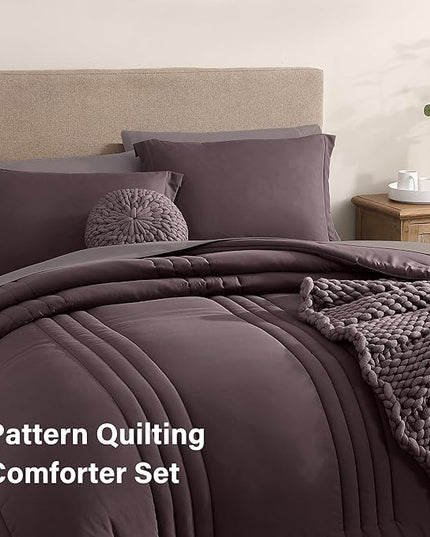 Monbix Full Comforter Set - 7 Pieces Italian Plum in a Bag Full Size Bedding Sets with Comforters, All Seasons Down Alternative Comforter with Sheets,Pillowcases & Shams