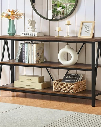 HOMISSUE Entryway Console Table, Rustic Couch with Wide Storage, Industrial Sofa Tables with 3-Tier Open Shelves, Entryway Table for Living Room, Hallway, Brown, 55 Inch