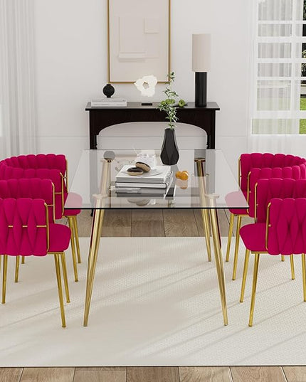 5 Piece Modern Gold Dining Room Set, 63'' Luxury Minimalist Kitchen Table Set, 4 Person Clear Glass Top Rectangle Dinner Room Set, Rose Red Woven Dining Chair for Home Living Room Large Place