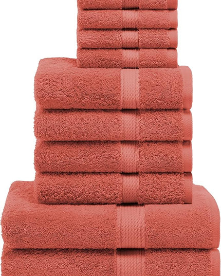 Superior Egyptian Cotton Pile 10 Piece Towel Set, Includes 2 Bath, 4 Hand, 4 Face Towels/Washcloths, Ultra Soft Luxury Towels, Thick Plush Essentials, Guest Bath, Spa, Hotel Bathroom, Coral