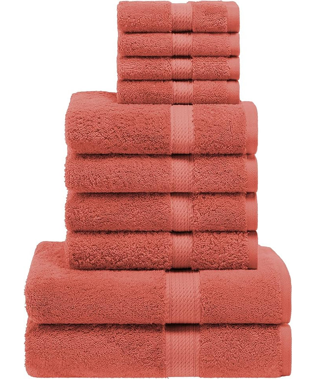 Superior Egyptian Cotton Pile 10 Piece Towel Set, Includes 2 Bath, 4 Hand, 4 Face Towels/Washcloths, Ultra Soft Luxury Towels, Thick Plush Essentials, Guest Bath, Spa, Hotel Bathroom, Coral