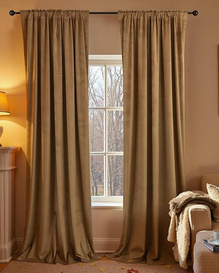 KOUFALL 102 Inch Long Velvet Blackout Curtains, Brown Pleated High End Ceiling to Floor Length Custom Curtain Drapes for Living Room Large Window, 2 Panel Set