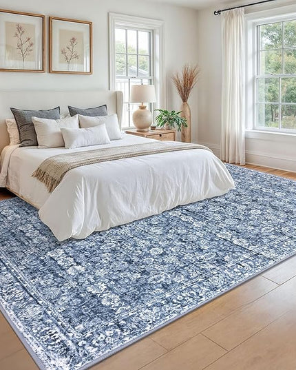 9x12 Area Rug, Blue Vintage Floral Large Washable Rug for Living Room Non-Slip Ultra Soft Bedroom Rugs Tribal Traditional Farmhouse Carpet for Dining Room Office Home Décor