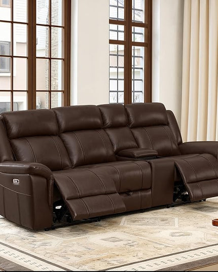 CHITA Genuine Leather Power Recliner Sofa, Wall Hugger Reclining Sofa with Drop Down Table, Console, Power Headrest, Drawers, Charging Ports, Reclining Sectional Couch for Living Room, RV, Dark Brown