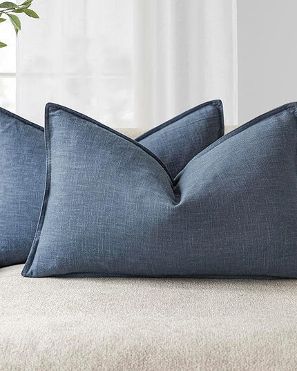 Foindtower Pack of 2, Decorative Linen Soild Throw Pillow Covers Accent Lumbar Cushion Case Boho Farmhouse Pillowcase for Chair Couch Sofa Bedroom Living Room Home Decor 12x20 Inch Dark Blue