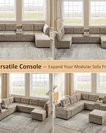VANOMi 118" Modular Cloud Sofa with Ottoman, 4 Seater Modular Sectional Sofas & Couches for Living Room, Cozy Chenille Cloud Sectional Couch Sofas for Living Room, Apartment, Office, Camel, L Shaped