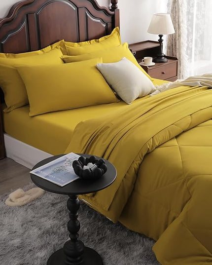 NTBAY King Comforter Set with Sheets, 7 Pieces Soft and Breathable King Bedding Set, Bed in a Bag, Down Alternative Comforter Set Solid Color All Season, King Bedding Set, Yellow