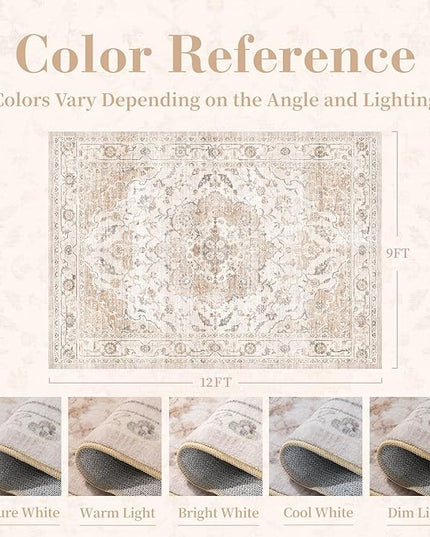 PADOOR-Vintage Area Rug 9X12 Rugs for Living Room-Soft Beige Rugs for Bedroom-Machine Washable Rug Non Slip Carpet-Rug for Dining Room Living Room Bedside Office