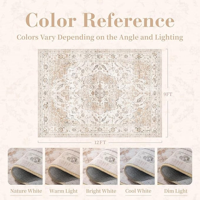 PADOOR-Vintage Area Rug 9X12 Rugs for Living Room-Soft Beige Rugs for Bedroom-Machine Washable Rug Non Slip Carpet-Rug for Dining Room Living Room Bedside Office