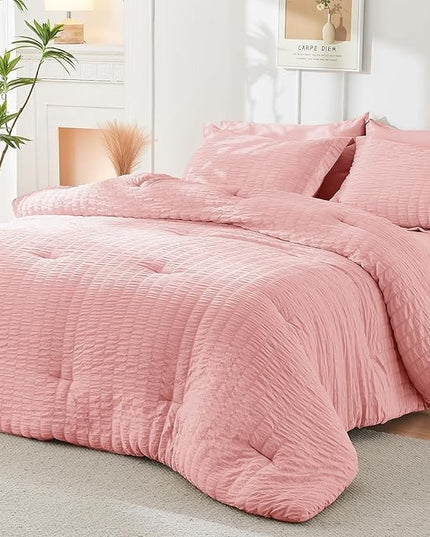HYMOKEGE Rose Pink King Size Comforter Set Seersucker 7 Pieces, All Season Luxury Bed in a Bag for Bedroom, Bedding Set with Comforter, Sheets, Pillowcases & Shams