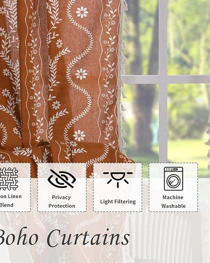 Boho Terracotta Curtains for Living Room 63 Inches Semi Sheer Linen Floral Curtains Vintage Farmhouse Window Drapes 1 Panel Sets for Dining Room Kitchen Rust Colored