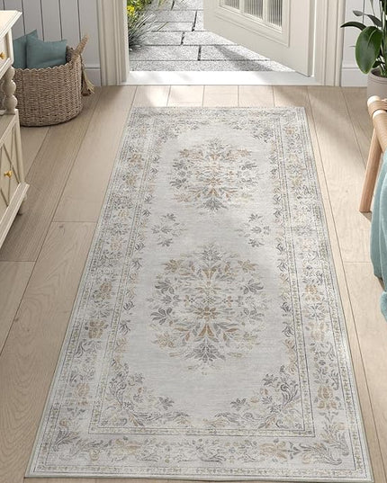 jinchan Vintage Floral Runner Rug 2x6 - Machine Washable Distressed Design Non-Slip Low-Pile Soft Thin Carpet for Hallway Kitchen Farmhouse Bedroom Entryway Laundry Room (2x6ft, Light Grey)