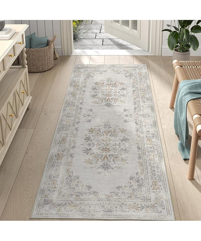 jinchan Vintage Floral Runner Rug 2x5 - Machine Washable Distressed Design Non-Slip Low-Pile Soft Thin Carpet for Hallway Kitchen Farmhouse Bedroom Entryway Laundry Room (2x5ft, Light Grey)
