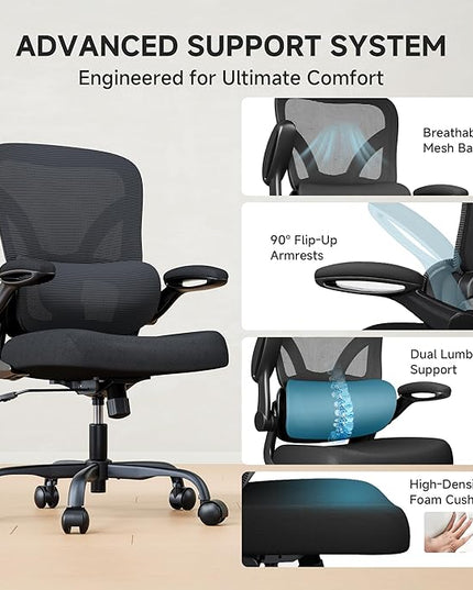Office Chair with Adjustable Lumbar Support, Home Office Desk Chair with Flip-up Armrests, 330 lbs Mesh Computer Chair for Long Day Use, Black