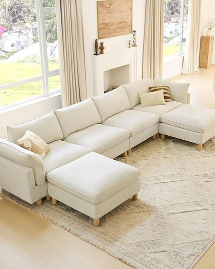 CHITA 161" Super Large Sectional Couches for Living Room, Modular Cloud Couch Sectional Sofa, Premium Fabric Couches, Down Filled, High Density Foam, Chenille in Cream, 6 Seat U Shaped