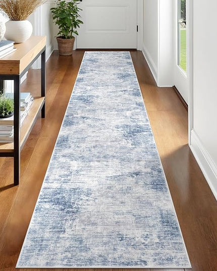 IOHOUZE Abstract Runner Rug 2x12 Ft Washable Runners for Hallways, Non Slip Kitchen Runner Printed Faux Wool Entryway Runner Indoor, Modern Abstract Floor Carpet for Hall Kitchen, Light Blue White