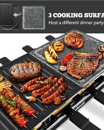 Raclette Table Grill, CUSIMAX Indoor Grill Electric Grill, Portable Korean BBQ Grill with 2 in 1 Reversible Non-stick Plate & Natural Grill Stone, 8 Raclette Pans 8 Wooden Spatulas for Family Fun