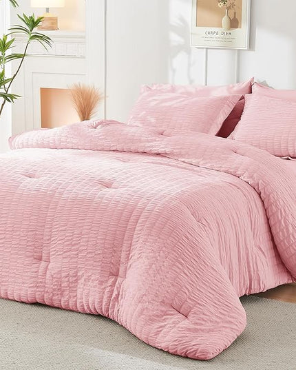 HYMOKEGE Pink Full Size Comforter Sets Seersucker 7 Pieces, All Season Luxury Bed in a Bag for Bedroom, Bedding Set with Comforters, Sheets, Pillowcases & Shams