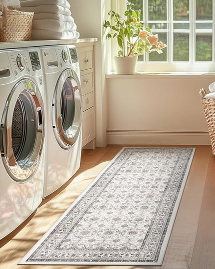 jinchan Hallway Runner Rug 2x8 - Machine Washable Beige Vintage Floral Distressed Design Soft Non-Slip Low-Pile Ultra-Thin Runner Rug for Kitchen Laundry Room Bedroom Farmhouse (2‘x8', Beige)