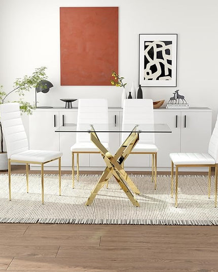 5 Piece Glass Dining Table Table Set, Tempered Glass Dining Table Set for 4 Kitchen Table Set with 4 Upholstered Chairs for Kitchen Dining Room (Gold Leg Table with Gold Leg Chair)