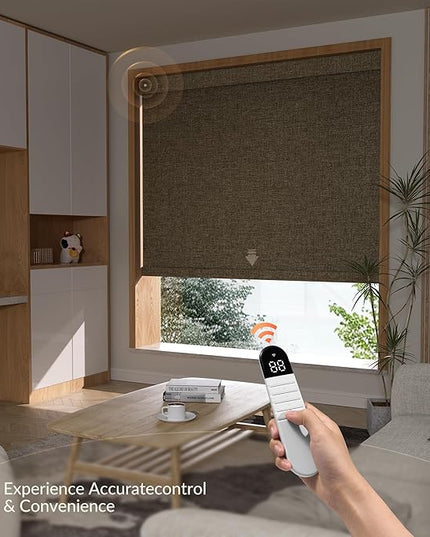 Boolegon Motorized Roller Blinds with Remote Control, Blackout Linen Fabric-Matched Automatic Roller Shades for Windows, Rechargeable Electric Window Shades for Home, Office, Brown, Custom Now