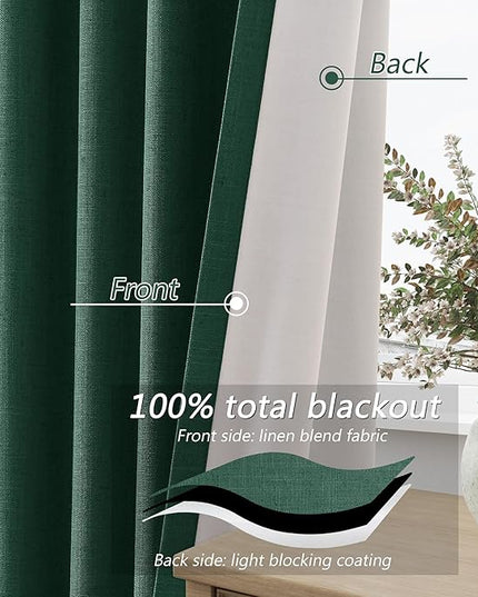 Guken Dark Green Blackout Curtains 72 Inch Length 2 Panels Set for Living Room Bedroom Back Tab Thermal Insulated 100% Black Out Linen Drapes Christmas Decor 52x72 Long