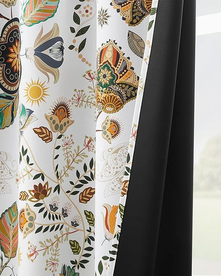 XiDi White Vintage Floral Blackout Curtains 2 Panels for Living Room Bedroom 84 Inches Long Boho Flower Leaf Patterned Curtains Thermal Insulated Mid Century Colorful Grommet Window Drapes 52x84